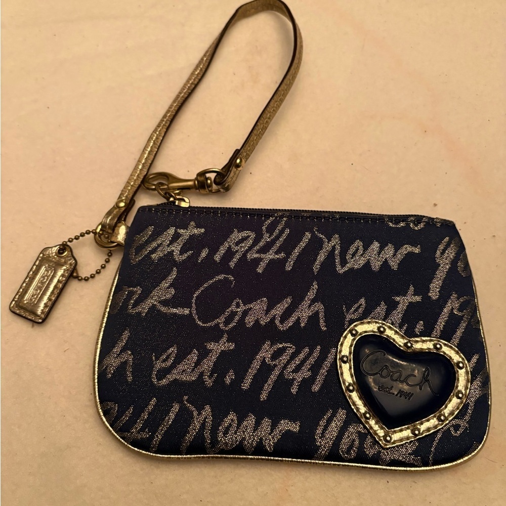 Coach Script New York Metallic Gold And Patent Leather Wristlet